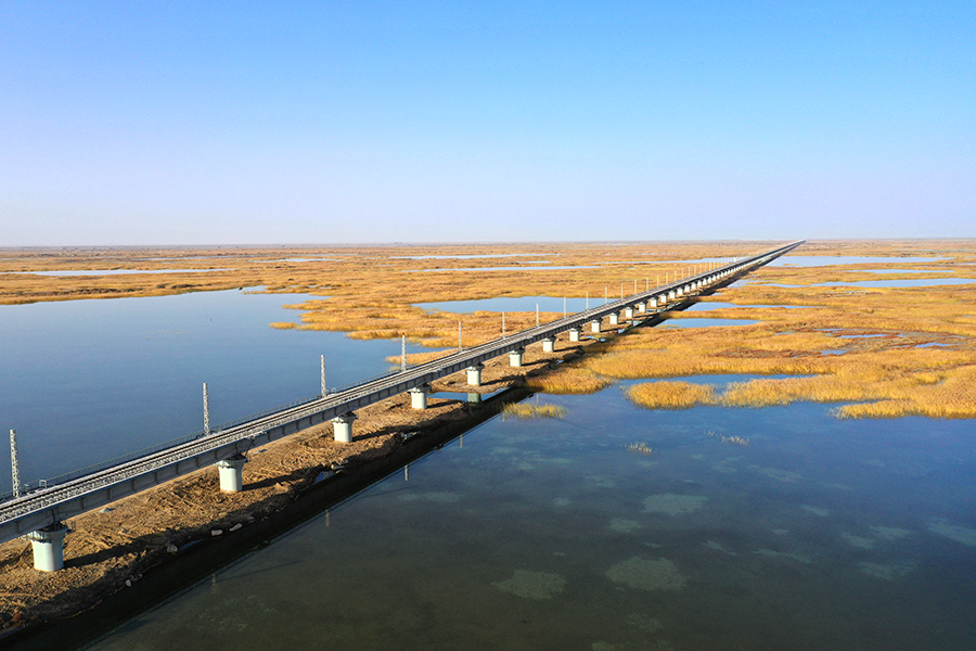 12月9日，由中國鐵建所屬鐵一院勘察設計，中鐵十二局、中鐵十五局、中鐵十六局、中鐵十七局、中鐵二十一局、中鐵二十二局、中鐵建電氣化局參建的新建格爾木至庫爾勒鐵路（以下簡稱格庫鐵路）全線通車，這是繼本月6日阿富準鐵路開通之后，短短四天之內新疆開通的第二條長大干線。圖為臺特瑪湖大橋。
