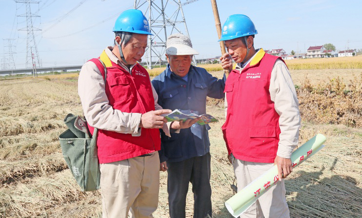 11月3日，江蘇鹽城東臺市供電公司“金海星”共產黨員服務隊隊員劉友濤、王克慶特巡東臺市富安鎮九九村境內1000千伏“泰吳線”，向沿線農民宣傳“電力設施保護條例”，提醒居民不要在特高壓沿線防護區內做危害電力設施的事，保障電網安全運行，保障中國國際進口博覽會安全供電。