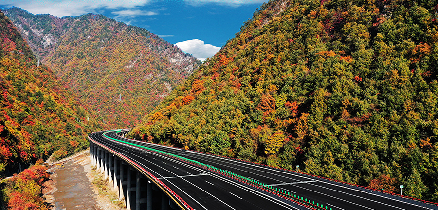 為修復邊坡裸露巖石生態，項目部參與開發了“柔性培植綠化生態護坡防護”技術。他們采用鍍鋅鐵路網和鋼錨桿，在邊坡上形成穩固的坡面，然后利用高壓泵車，將腐殖土、草種、肥料等組成的混合物噴射到坡面。為保證成活率，前后噴射了3次，澆水后再覆膜，成功長出茂草。圖為通車后的寶坪高速公路巖灣至坪坎段。（白鵬娃 攝）