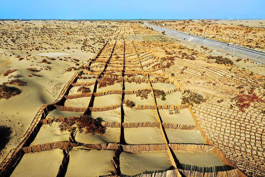 圖為格庫鐵路防砂草方格。