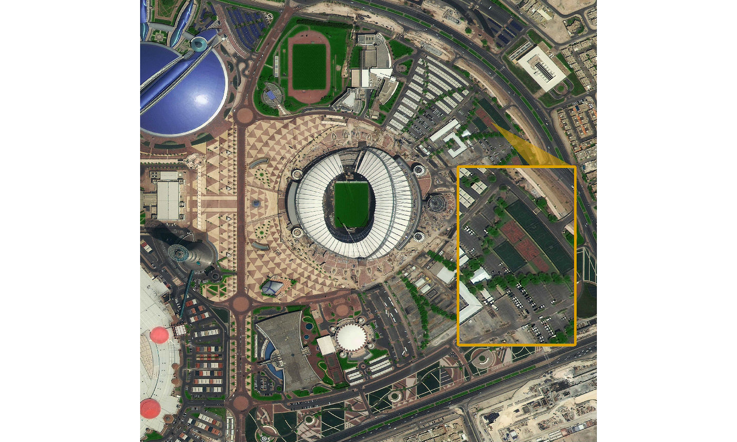 截至2019年12月28日，高景一號01組衛星在軌穩定運行3周年。高景一號01組衛星由航天科技五院航天東方紅衛星有限公司抓總研制，是航天科技商業遙感衛星星座系統的首發雙星，入軌后運行穩定，至今累計獲取400萬景圖片。為方便用戶使用，高景一號01組衛星設置了多條帶成像、立體成像等7種成像模式，同時具備高敏捷性能和高穩定度。其中，高敏捷性能可實現高分辨率窄幅寬相機的集中大面積覆蓋、連續多目標及立體成像等需求，高穩定度可確保成像質量，兩項指標均達到國內領先、國際先進水平。圖為高景一號01組衛星拍攝的卡塔爾哈里發國際體育場。 