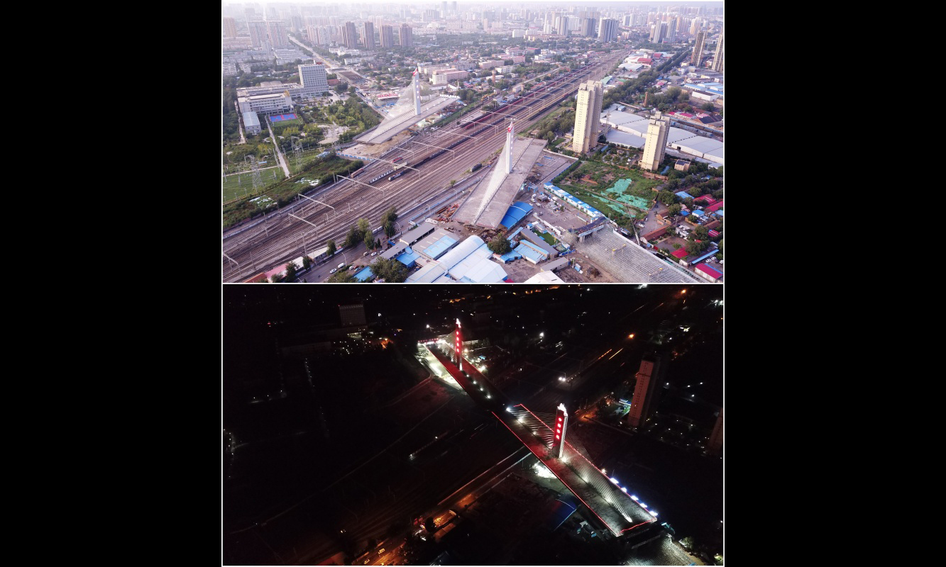 7月30日凌晨，經過90分鐘驚心動魄的空中“飛越”后，由中建交通建設集團有限公司施工的重達8萬余噸超長轉體雙翼斜拉橋——河北省保定市樂凱大街橫跨京廣鐵路大橋實現空中完美轉體合龍，打破了世界橋梁建設史上轉體重量、轉體跨度、轉鉸直徑的紀錄。上圖為7月29日，轉體前的保定市樂凱大街橫跨京廣鐵路大橋。下圖為7月30日，轉體后的保定市樂凱大街橫跨京廣鐵路大橋。（新華社記者 牟宇 攝）