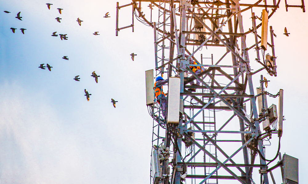  近年來，中國電信建設者穿越山海，不斷提升網絡覆蓋度和信息化服務能力，將信息科技化作新動能全力助推鄉村振興。圖為中國電信5G建設者正在工作中。