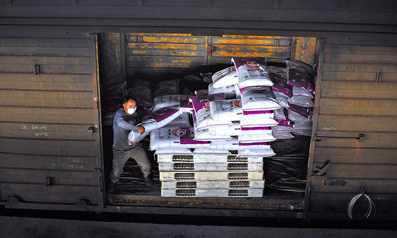 圖為裝卸工將優質化肥裝滿一節節車廂，準備發往全國各地。